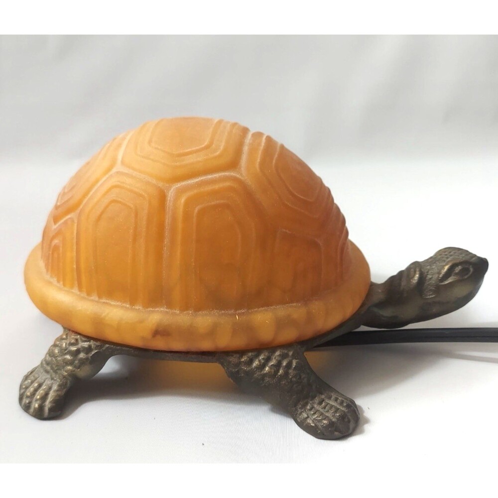 Vintage Turtle Lamp Tiffany Style Amber Art Glass Brass Base Night Light 1990's - Picture 5 of 7